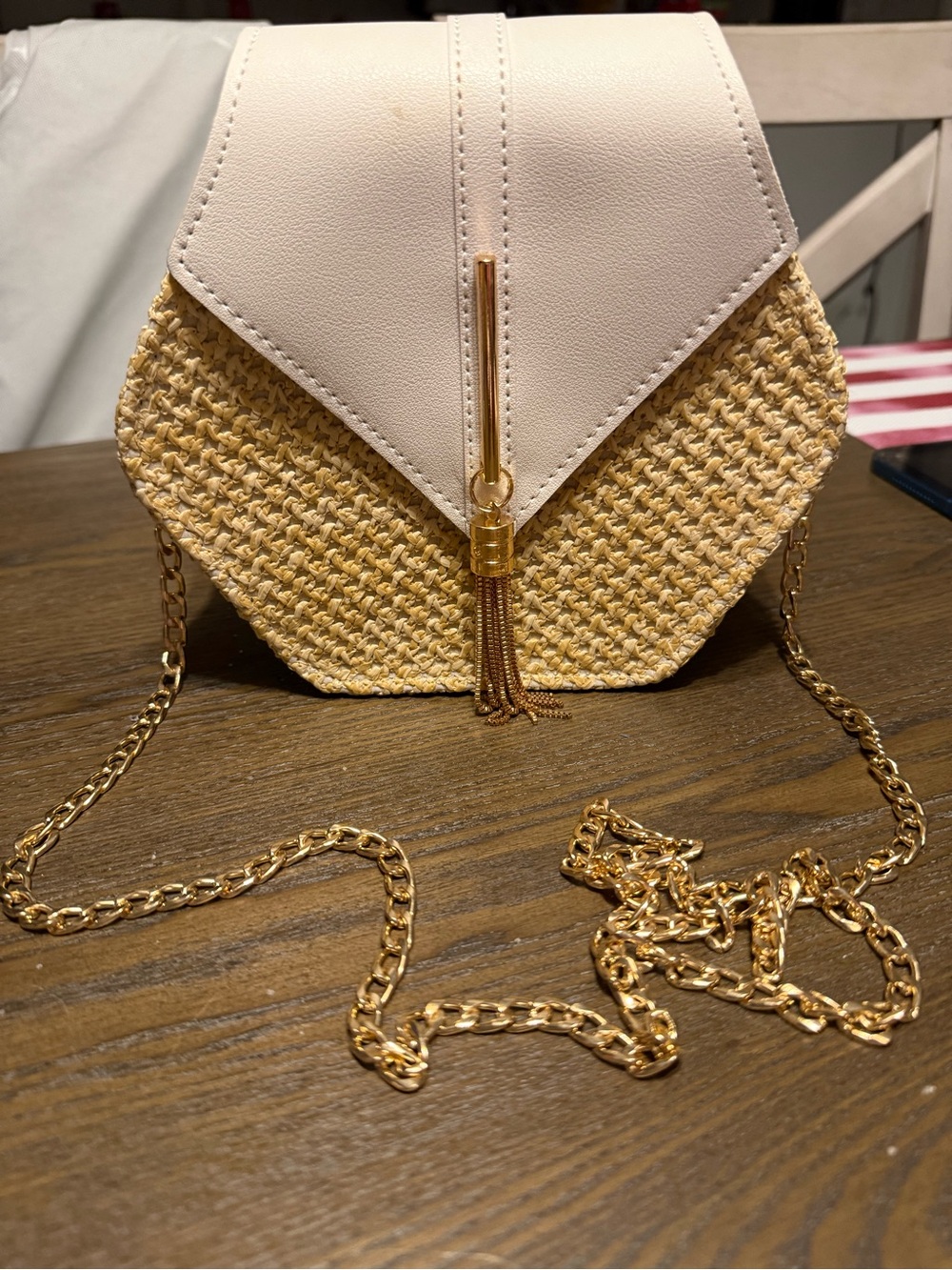 H&M Cream Faux-Leather & Straw Crossbody with Gold Tassel